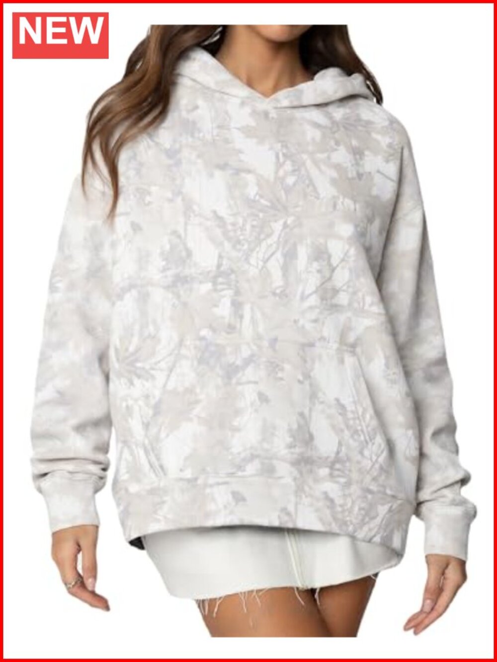 Oversized Camo Hoodie Womens Polyester Cotton Fleece Lined Maple Leaf Print